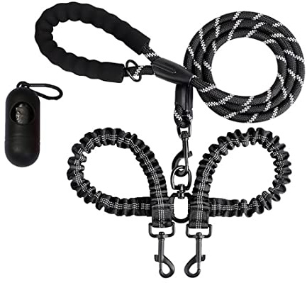 KocaPlye Double Leashes - Rope Reflective Dog Leash with Two Shock Absorbing Bungee Training Leashes, Swivel, No Tangle