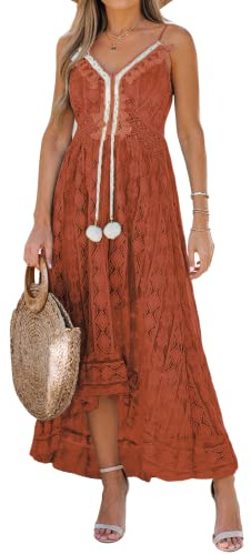 CUPSHE Robe d'été pour Femme Boho Maxi à Lacets avec Pompon col en V évasé à Volants Robes de Plage Orange XL