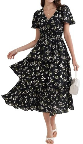 Damen Chiffon Glamouröses Partykleod Casual Alltag A-Linie Langes Kleid Elastikbund Seitenschlitz Freizeitkleider M Weiße Blumen-Schwarz