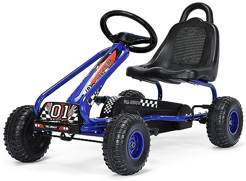 COSTWAY Gokart med justerbar sits, goCart med handbroms, pedalbil kan belastas upp till 30 kg, pedalgokart, pedalfordon, barnfordon för barn från 3-6 år (blå)