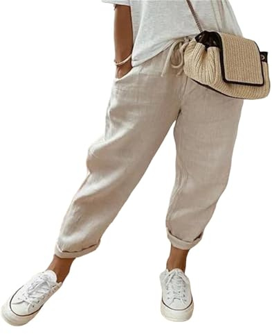 MorFansi Femme Pantalon Été Lin Baggy Décontracté Longueur Pants Cordon Confortable Aéré Léger avec Poches (Kaki,XL)