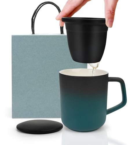 POFIBO Teetasse mit Deckel und Sieb - 375ml Keramik Teebecher mit Sieb Große Losen Teetassen Porzellan Bürotasse Kaffee Tassen Weihnachten Geschenke für Männer, Papa, Opa, Freunde, Schwarz und Grün