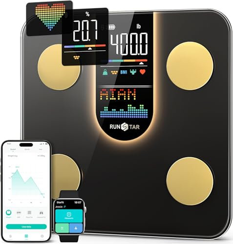 RunSTAR Körperfettwaage, Digitale Personenwaage mit 8-in-1-VA-Display für Körpergewicht, Herzfrequenz, BMI, Körperfett und Analyse von 22 Körperparametern, mit App-Synchronisierung