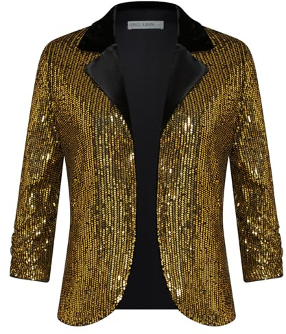 GRACE KARIN - Blazer da donna con top scintillante, maniche a 3/4, apertura frontale, scintillante, taglio corto, outfit da carnevale, nero e oro, taglia L