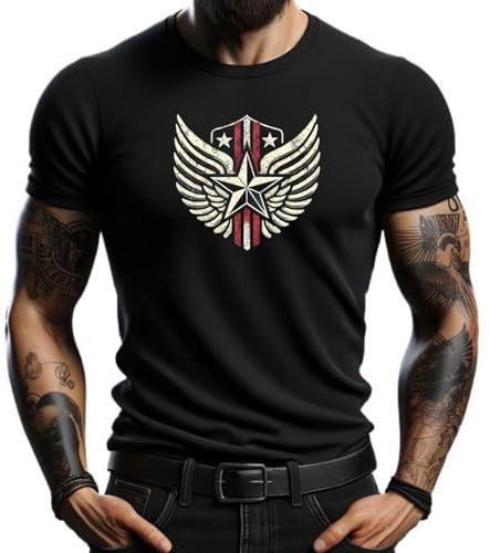 Camiseta Negra de Hombre con Estampado de Alas y Estrella, Diseño Vintage de Estilo Militar - Manga Corta y Ajuste Moderno (FR/ES, Letras, XXL, Regular, Regular, Negro)