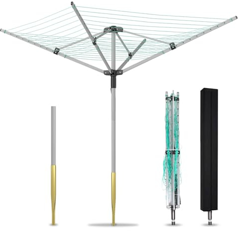 FWTRMRC Outdoor Umbrella Drying Rack 165 Feet Umbrella Clothesline with 12 Lines Rotary Drying Rack Adjustable Height 4-Arm Foldable Clothes Drying Rack with Protective Cover for Backyard- Green