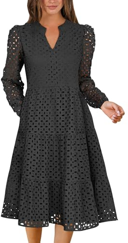 ANRABESS Womens Long Sleeve V Neck Midi Dresses Hollow Out Eyelet Casual Tiered 2025 Fall Beach Vacation Dress with Pockets Black Small