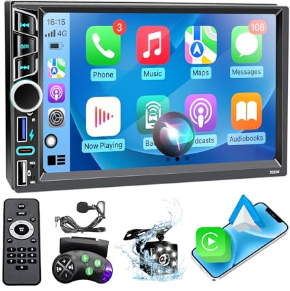 7 Double Din Car Stereo with Wireless Apple CarPlay&Android Auto,180W Outputs, Bluetooth 5.2/FM/AM/USB-C/38W Fast Charge/Physical Knob/Weatherproof Backup Camera/USB,Stereo for 7x4.02Double Din Size