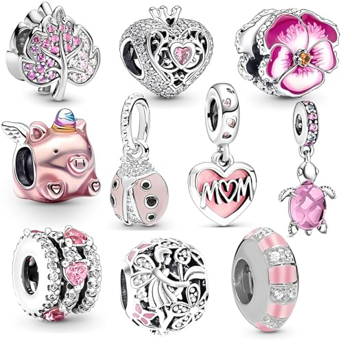 10 Pcs For Bracelets, Charms For Pandora Bracelet, Charm Bracelet, Pink Pendants Beads For Jewelry Making, Polished Charms For Pandora Bracelet, Jewellery Gifts For Mom Girls Teen Family