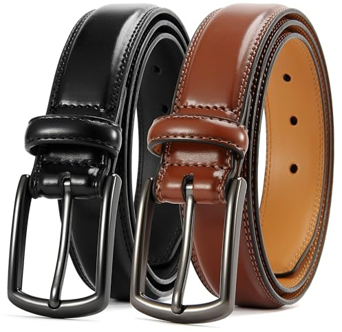 CHAOREN Cinturones Hombre Cuero 2 paquete, Cinturón Hombre Marron Negro Vestir 32mm, Perfectos para Jeans Casuales y Conjuntos Negocios