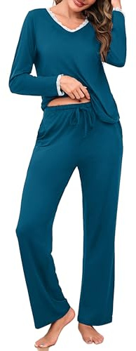 Litherday Pigiama Donna Cotone Lungo 2 Pezzi Pigiami Invernale Leggero con V Abbigliamento da Casa Maniche Lunghe Donna con Tasca