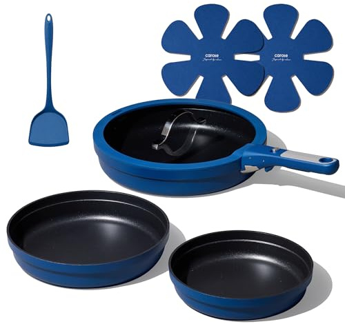 CAROTE 8Pcs Non Stick Frying Pans Set 3 Sizes(8,10,12 Inch), Kitchen Nonstick Skillets with Detachable Handle, Cooking Pan with lid, Oven Safe, Induction Cookware, Stackable Kitchen Set, Blue