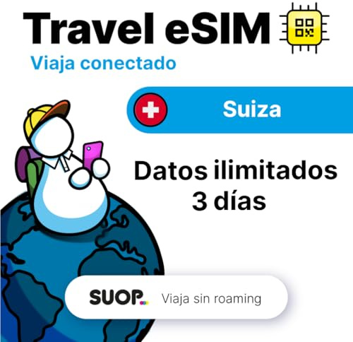 Tarjeta eSIM prepago con Datos ilimitados para Suiza. Tarjeta prepago móvil para Viajar por sin Roaming. Conexión de Datos de Alta Velocidad. eSIM Internacional para Suiza (Datos ilimitados - 3 días)