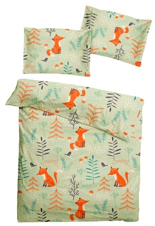 JACK Fein Biber Bettwäsche Baby 2 TLG. 100x135cm Fuchs Wald Natur Grün mit Reißverschluss