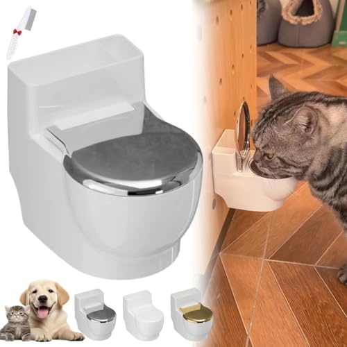 Toilet Water Bowl for Cat, Wall Mounted Stainless Steel Novelty Pet Water Dispenser Funny Hanging Drinking Dish for Cats Dogs Small Pet Feeding Station (Silver)