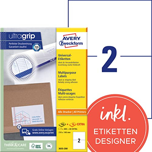 AVERY Zweckform 3655-200 Universal Etiketten (400 plus 40 Klebeetiketten extra, 210x148mm auf A4, bedruckbare Versandetiketten, selbstklebende Versandaufkleber mit ultragrip, DHL) 220 Blatt, weiß