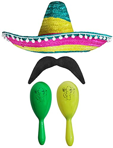 Mexikansk underbar klänning tillbehörsset – Mexikansk SOMBRERO med maracas och smink – perfekt för musikanska finsmakare klänningar (mångfärgade POM SOMBRERO + grön och gul maracas)