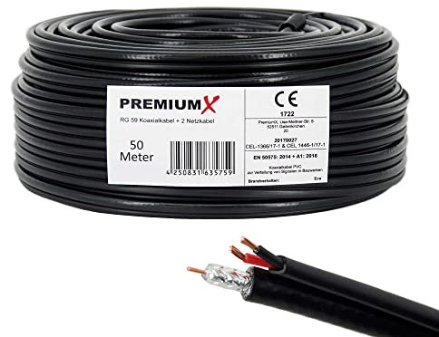 Premium X 50m RG59 Koaxialkabel + 2 Netzkabel Eca Videobild und Stromversorgung Kombi Koaxkabel-Strom Video-Kabel für Videoüberwachung Überwachungskamera