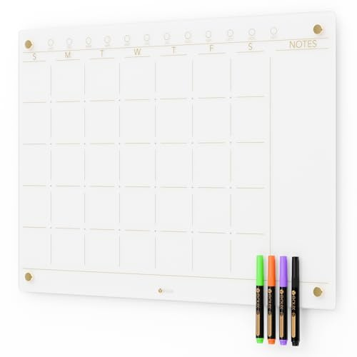 Glass Golden Monthly Dry Erase Calendar Whiteboard for Wall, 17 x 23, Frameless Large Monthly Planner Menu White Board for Home Kitchen, Office, 4 Wet Erase Markers Included, Yeoux