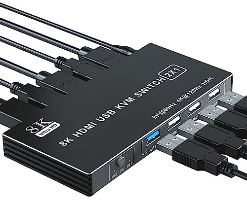 BolAAzuL 8K KVM Switch HDMI 2 Port Box for 2 Computers Share 1 Monitor, HDMI 2.1 Port(2 in 1 out) + USB 3.0 (2 in 1 out) + USB 2.0 (3 out) With Wire Control, 4K@120Hz 8K@60Hz