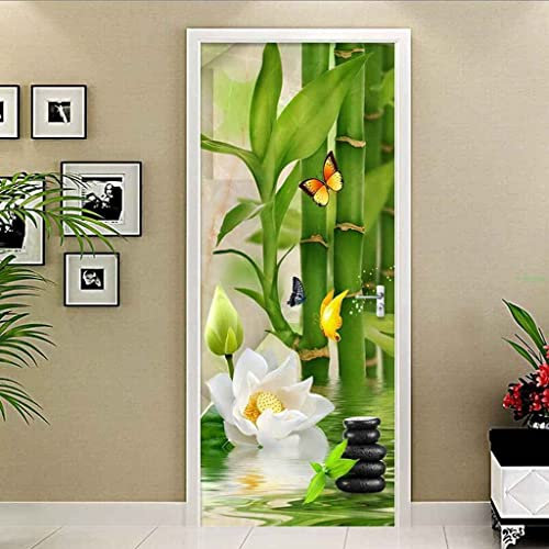 Pegatinas De Puerta 3D Para Puertas Interiores Paisaje De Flores De Bambú Verde 77 X 200 Cm Pegatinas Impermeables Para Puertas, Calcomanías De Vinilo Para Puertas, Murales Para Puertas, Carteles Rem