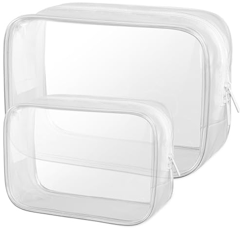 OSDUE Bolsa de Aseo Transparente, Bolsa de Cosméticos de PVC, 2 Bolsas de Avión Transparentes, Bolsa de Cosméticos, Bolsa de Aseo Portátil para Líquidos, para Viajes, Baño (Blanco) (Grande + Pequeño)