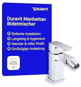 Duravit Manhattan Einhebel-Bidetarmatur (Auslauf Höhe 90 mm), Bidetmischer mit Zugstangen-Ablaufgarnitur, Chrom