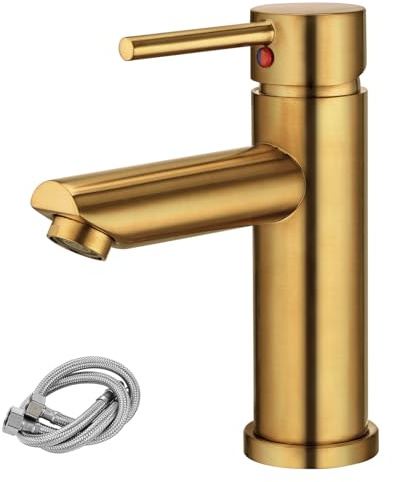 Peppermint Basin Mixer Tap Gold Bathroom Sink Taps, Modern Mono Single Lever Basin Taps with UK Standard Hoses for Bathroom, Stainless Steel