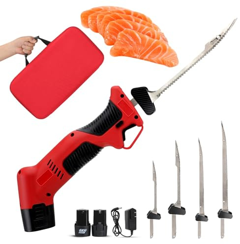 Uppladdningsbar elektrisk kniv, sladdlös filékniv med 4 Ti-Nitrid S.S.-belagda non-stick blad och 2 batterier, batteridriven kniv med säkert lås och halkfritt handtag