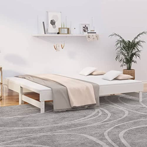 Iiaky Weiß 2X(80x200) cm Rustikales Tagesbett aus Massivkiefernholz mit Ausziehbett als Sofa-Bett für Wohnzimmer und Schlafzimmer