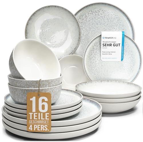 Steingut Geschirrset 4 Personen Ibiza 16 tlg. TESTSIEGER, Traumhaftes Mediterranes Steingut Geschirr Set, Schüssel- und Teller Set, Tafelservice 4 Personen, Geschirrsets Pure Living in Beige
