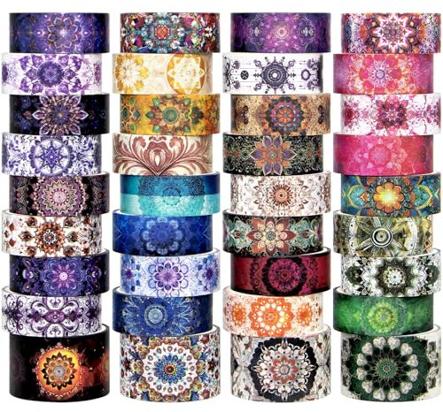 36 Rolls Mandala Washi Tape Set - Colored Datura Aesthetic Scrapbook Tape Decorative for Craft, Junk Journal Supplies, Bullet Journaling, 15/25mm Wide