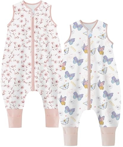 Teechodina Babysovsäck med fötter 2-pack 100 % bomull 1,5 tog barn året runt sovsäck med ben för pojkar flickor, 1,5 tog/körsbärsblomma + fjäril, 90 cm/baby höjd 100–110 cm