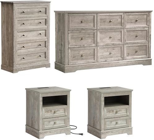 LOUVIXA Farmhouse Bedroom Sets of 4, 4Pcs Farmhouse Dresser Set，Including 9 Drawer Dresser, 5 Drawer Dressers and Nightstand Set of 2 with Charging Station (Grey Sets, 4 Pieces)