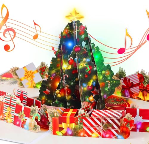 WUJUN Weihnachtskarten, 3D-Weihnachts-Pop-Up-Karte mit Lichtern und Musik, doppelseitiges Musterdesign, 180°-Stern-Weihnachtsbaum, festliche Musik-Grußkarte (Weihnachtsbaum-A)