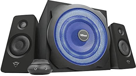 Trust GXT 628 2.1 Lautsprechersystem mit Subwoofer und LED-Beleuchtung, 120 Watt, Schwarz/Blau