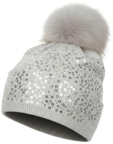styleBREAKER Gorro con pompón de Punto Fino con Lentejuelas y pompón Amovible de Piel Artificial, Gorro con pompón de Piel, señora 04024134, Color:Gris Claro