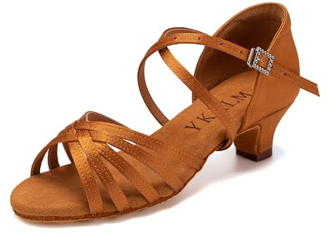 YKXLM Scarpe da Ballo Latino Americano Donna con Punta Aperta Scarpe Danza Latina Bambina con Tacco 4cm,Marrone,35 EU