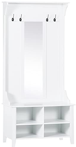 HOMCOM Hallway Furniture Set Shoe Bench Storage Mirror Cabinet Coat Rack Multiple Cubes Hangers Organiser Shelves w/ 4 Hooks