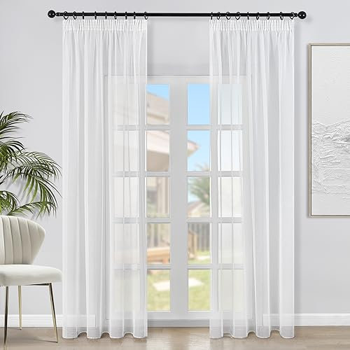 Topfinel Gardinen mit Kräuselband Vorhang Weiß Halbtransparent Vorhänge Wohnzimmer Kurz 2er Set B 140 x H 175 cm Curtains