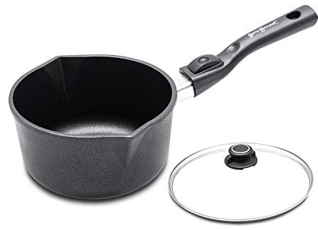 Gerti Gundel - Cazo para leche (8 cm de altura, mango extraíble, sartén de fundición a mano, tapa de cristal apta para horno, 260 °C, inducción, 18 cm de altura, 10 cm de altura, 1,5 L)