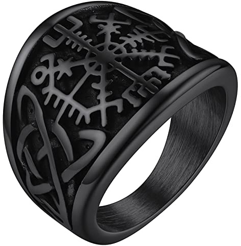 FaithHeart Schwarz Viking Vegvisir Ring Wikinger Style Kompass Fingerring Wikinger Style Partnerring Freundschaftsring für Freund Ehemann