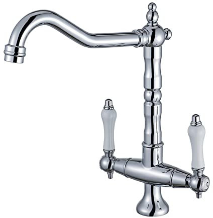 BOAOTX Robinet de cuisine chromé - Mitigeur d'évier à deux poignées - Pivotant à 360° - Mitigeur d'évier de cuisine - Bec haut en laiton haute pression