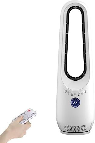Ventilador de torre sin aspas con purificador de aire,ventilador de torre sin aspas con luz nocturna,ventilador de pie oscilante 50° con remoto,12 velocidades,3 modos viento,temporizador 12 horas