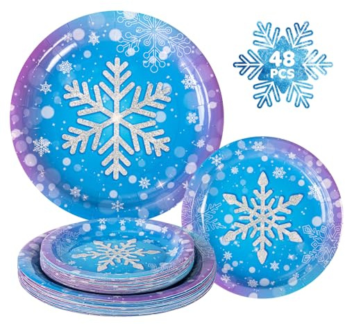 48 Pack Winter Snowflake Plates, Frozen Themed Round Paper Plates Serve 24 Guests, Wonderland Snowflkes Heavy Duty Plates for Winter Christmas Party Decorations and Frozen Birthday Party Supplies