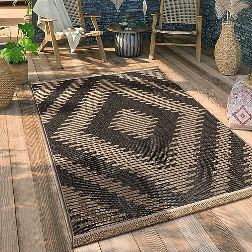 Paco Home Hochwertiger Outdoor Teppich Wetterfest & Pflegeleicht Jute-Sisal-Optik mit Fransen & Hoch-Tief-Effekt Langlebig für Terrasse, Balkon, Garten & Küche, Grösse:80x150 cm, Farbe:Anthrazit 2