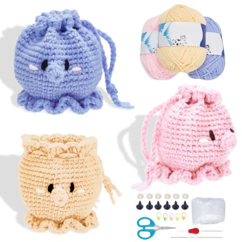 FREEBLOSS Häkelset für Anfänger Oktopusse Häkelset Häkelset Tiere Häkeltaschen Crochet Set mit Video Tutorials Häkeln Stricken Nadeln Kit Komplettes DIY Set für Erwachsene