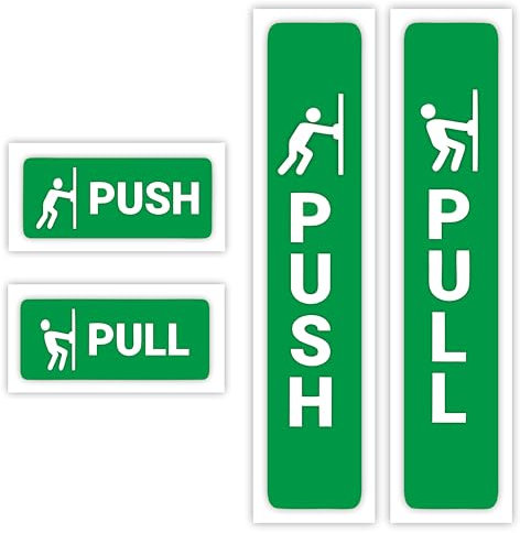 Two Pairs (4 pieces) Self-Adhesive Push Pull Door Signs for Commercial Premises (4 Pack Mixed Sizes) / Gloss Vinyl Sticker Push And Pull Signs For Doors/Removable And Wipeable (GREEN)