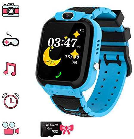 4G Montre Connectée Enfant GPS, Montre GPS Enfant Téléphone avec Appel Vidéo SOS Réveil Appareil Caméra IP68 Mode Scolaire Jeux Chat (Bleu-16 Jeux)