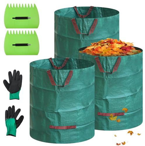 Gemsaya 3x 500L Grünschnittsäcke, Groß Gartensack Laubharke mit Laubharke & Handschuhe, 500L Faltbar Garten Laubsäcke Grünschnittsack für Gras Laub Hecke Gartenabfall, Polypropylen 150GSM